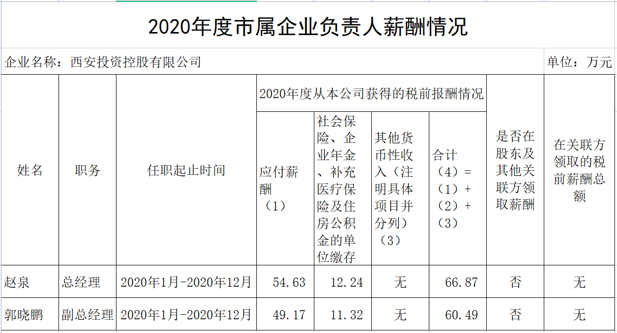 2020年度市屬企業負責人薪酬情況